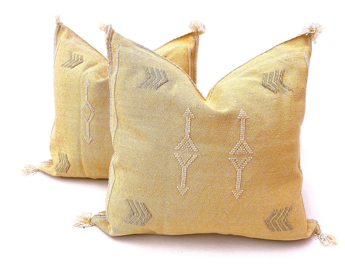 Yellow Pillows silk All sizes ,Pillow Cactus Silk, Yellow Lumbar Cushion Handmade Silk Decorative Pillow, Moroccan Sabra Decorative Cushion