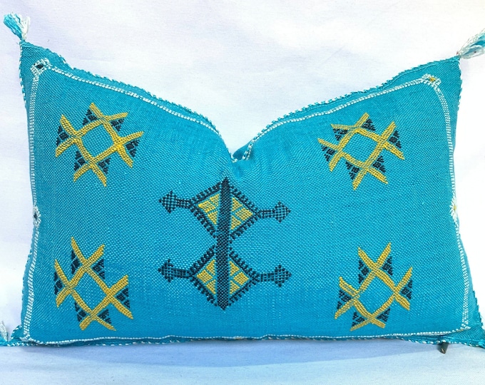 Blue silk pillow, Moroccan Sabra cushion, handmade cactus silk pillow, Berber Sabra cushion, Pillow Throw, Moroccan Lumbar Sabra Cushion