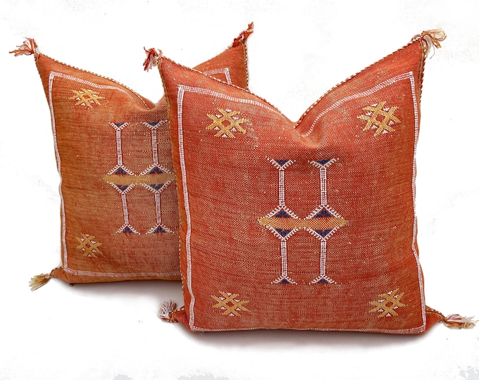 Sandy Orange Pillows silk 20x20 ,Orange Cactus Silk pillow ,Lumbar Cushion Handmade Cactus Silk Decorative Pillow, Moroccan Sabra Decorative