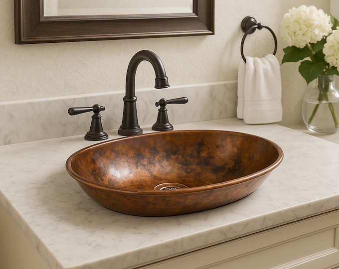 Hand Hammered Moroccan Copper Vessel Sink for Rustic Farmhouse Bathroom Vanity – Oval Fire Patina Basin, Artisan Countertop Copper Bowl