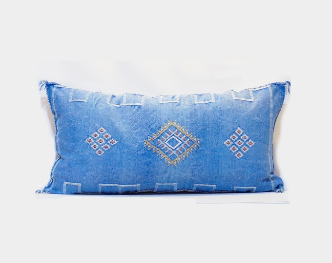 Blue silk pillow, Moroccan Sabra cushion, handmade cactus silk pillow, Berber Sabra cushion, Pillow Throw, Moroccan Lumbar Sabra Cushion