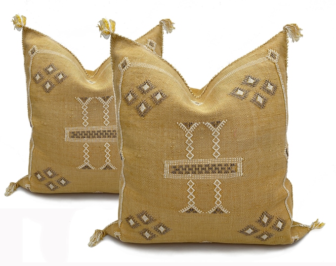 Yellow Pillows silk 20x20,Pillow Cactus Silk, White Lumbar Cushion Handmade Cactus Silk Decorative Pillow, Moroccan Sabra Decorative Cushion