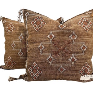 May include: Two brown decorative throw pillows with geometric patterns in white and rust-orange. The pillows have tassels on the corners and are made of a textured fabric. The pillows are square and have a neutral color palette.