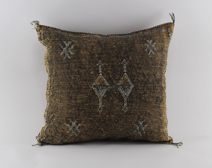Washed Brown Cactus Silk Pillow, Handmade Moroccan Lumbar Cushion