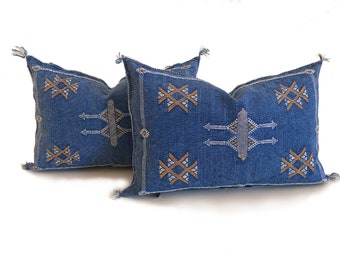 Blue silk pillow, Moroccan Sabra cushion, handmade cactus silk pillow, Berber Sabra cushion, Pillow Throw, Moroccan Lumbar Sabra Cushion