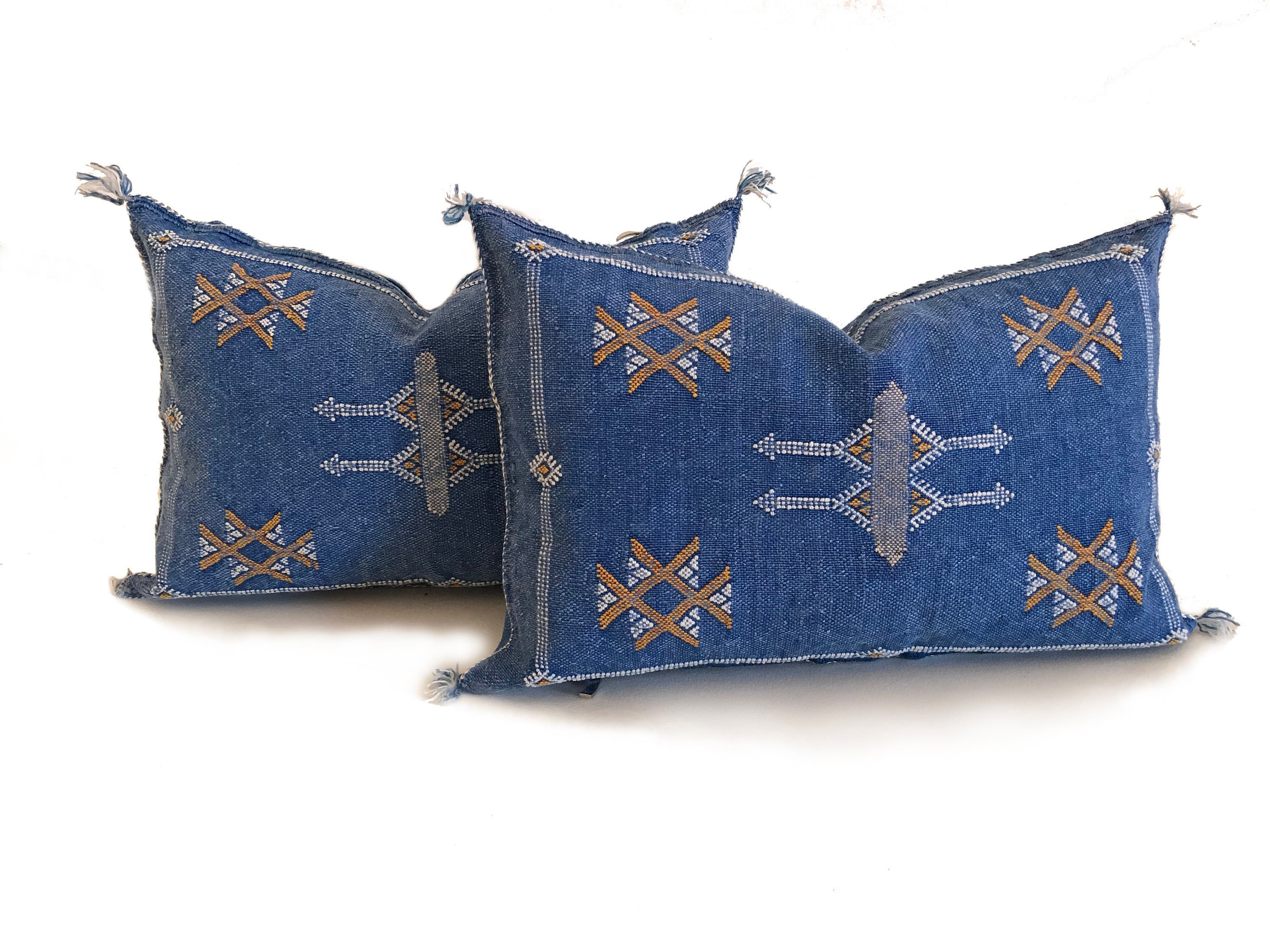 Blue silk pillow, Moroccan Sabra cushion, handmade cactus silk pillow, Berber Sabra cushion, Pillow Throw, Moroccan Lumbar Sabra Cushion