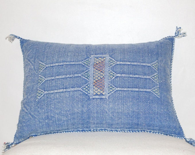 Handmade Blue Moroccan Cactus Silk Lumbar Pillow Cover