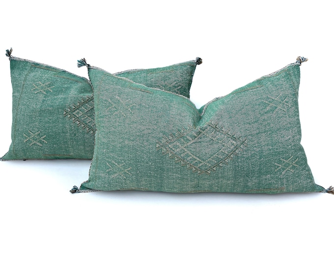 Green Moroccan Sabra Pillow, Cactus Silk Lumbar Cushion All sizes