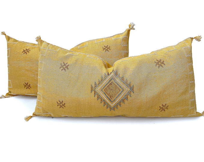 Yellow Pillows silk 20x40, Pillow Cactus Silk, Moroccan Lumbar Cushion Handmade Cactus Silk Decorative Pillow, Moroccan Sabra Decorative