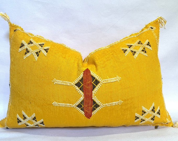 Yellow silk pillow, Moroccan Sabra cushion, handmade cactus silk pillow, Berber Sabra cushion, Pillow Throw, Moroccan Lumbar Sabra Cushion
