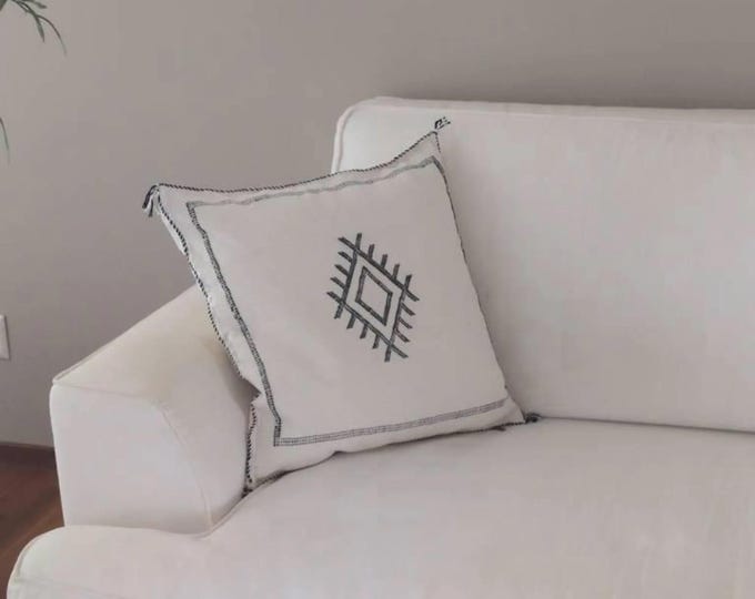 Handmade Moroccan Cactus Silk Pillow Cover • White Black Diamond Design • Sofa Couch Decor • Floor Cushion • Kilim Style • Custom Sizes