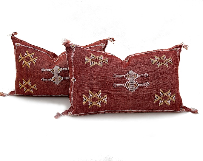 Red silk pillow, Moroccan Sabra cushion, handmade cactus silk pillow, Berber Sabra cushion, Pillow Throw, Moroccan Lumbar Sabra Cushion
