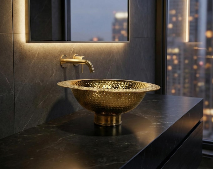 Handmade Moroccan Hammered Brass Sink Basin, Luxury Bathroom Vanity Solid Brass Patina Decor, Drop-In/Undermount, Custom Size, Made to Order