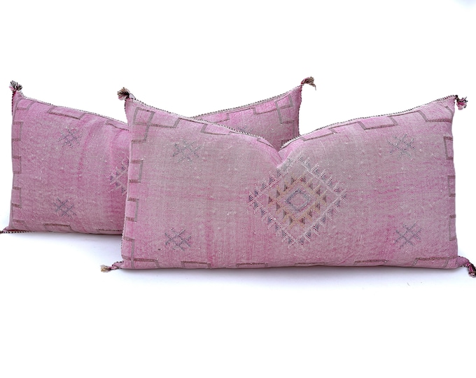 Pink Pillows silk 20x40,Pillow Cactus Silk, White Lumbar Cushion Handmade Cactus Silk Decorative Pillow, Moroccan Sabra Decorative Cushion
