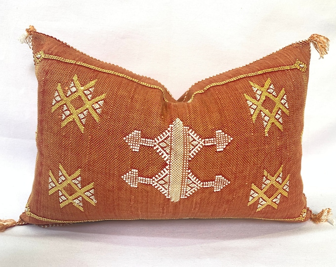 Orange silk pillow, Moroccan Sabra cushion, handmade cactus silk pillow, Berber Sabra cushion, Pillow Throw, Moroccan Lumbar Sabra Cushion
