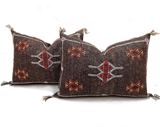 Brown silk pillow, Moroccan Sabra cushion, handmade cactus silk pillow, Berber Sabra cushion, Pillow Throw, Moroccan Lumbar Sabra Cushion