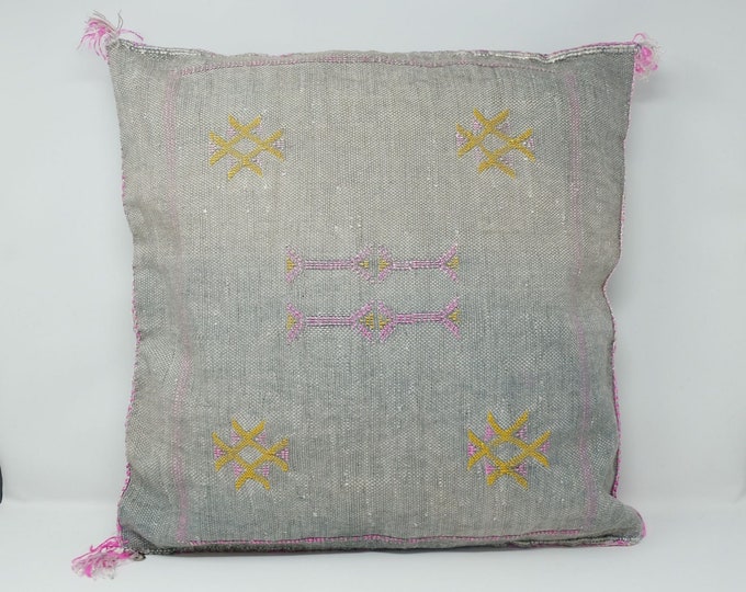 Grey Cactus Silk Pillow Cover – Handwoven Moroccan Lumbar Cushion