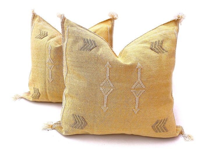 Yellow silk pillow, Moroccan Sabra cushion, handmade cactus silk pillow, Berber Sabra cushion, Pillow Throw, Moroccan Lumbar Sabra Cushion