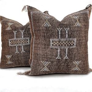 Braunes Seidenkissen, marokkanisches Sabra Kissen, handgemachtes Kaktusseidekissen, Berber Sabra Kissen, Kissenbezug, marokkanisches Lumbal Sabra Kissen