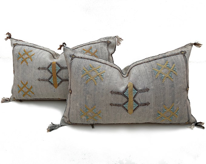 Gray silk pillow, Moroccan Sabra cushion, handmade cactus silk pillow, Berber Sabra cushion, Pillow Throw, Moroccan Lumbar Sabra Cushion