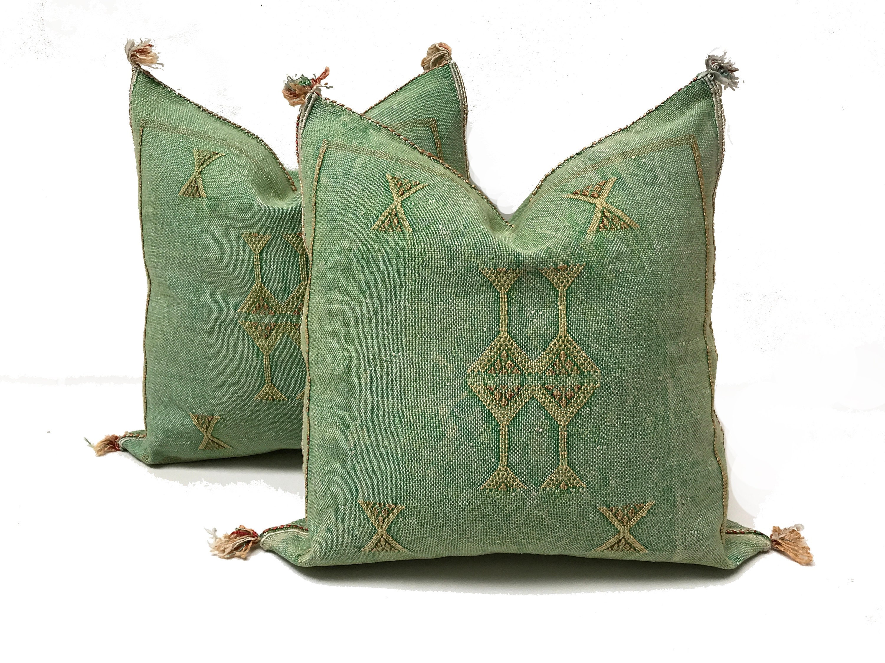 Green silk pillow, Moroccan Sabra cushion, handmade cactus silk pillow, Berber Sabra cushion, Pillow Throw, Moroccan Lumbar Sabra Cushion