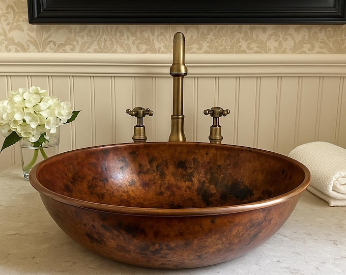 Hand Hammered Moroccan Copper Vessel Sink for Rustic Farmhouse Bathroom Vanity – Oval Fire Patina Basin, Artisan Countertop Copper Bowl