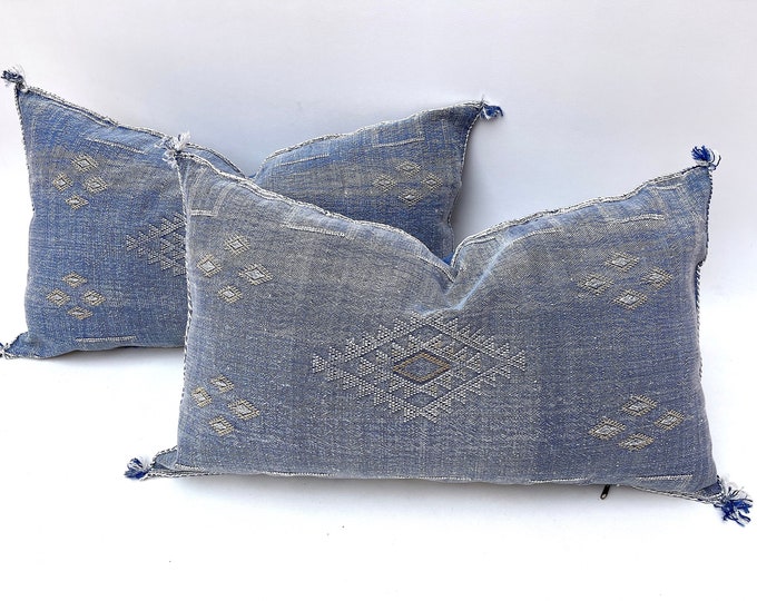 Blue silk pillow, Moroccan Sabra cushion, 40x20 Inches handmade cactus silk pillow, Berber Sabra cushion, Pillow Throw, Moroccan Lumbar