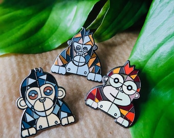 Juego de pines esmaltados de primates: gorila, orangután y chimpancé (25 mm)