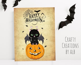 Halloween Cat Art, Printable Wall Art, Digital Download, Halloween Wall Art, Halloween Print, Fall Wall Decor