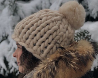 Handmade Handcrafted Chunky Winter beanie hat Winter accessories Hand knitted Warm wool hat Pompom