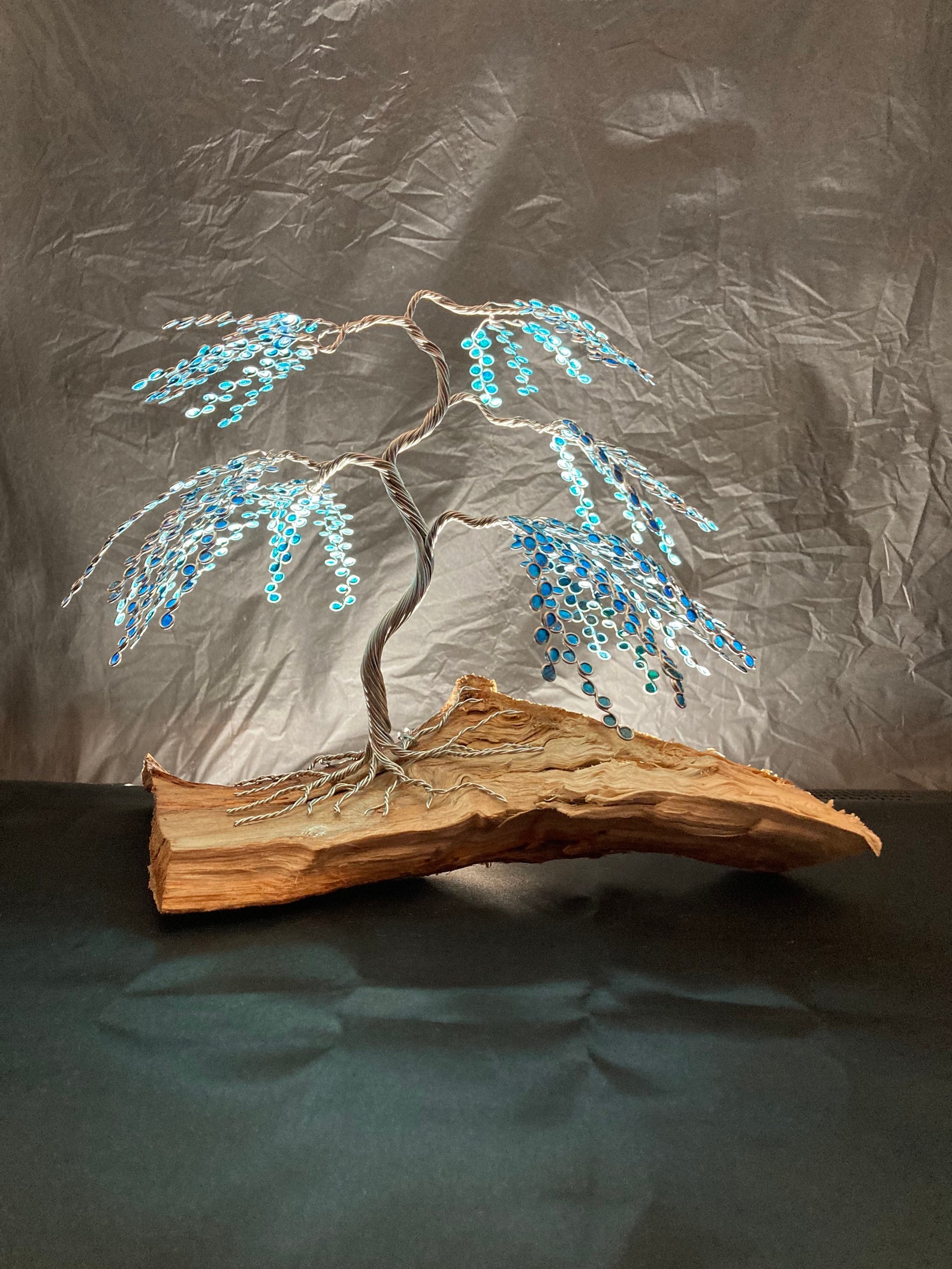 Stainless steel wire bonsai tree. Aqua blue color leaves. Etsy