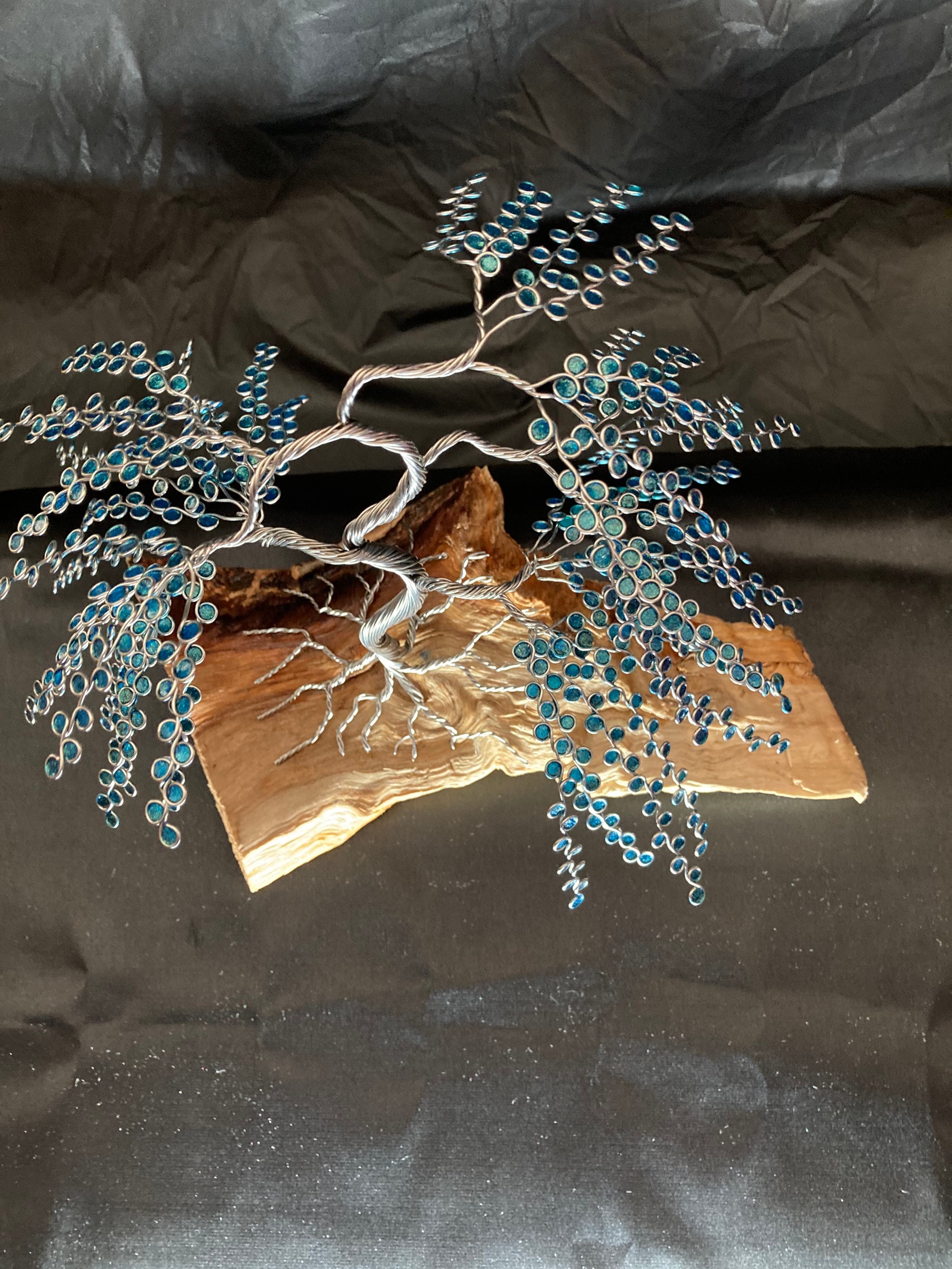 Stainless steel wire bonsai tree. Aqua blue color leaves. Etsy