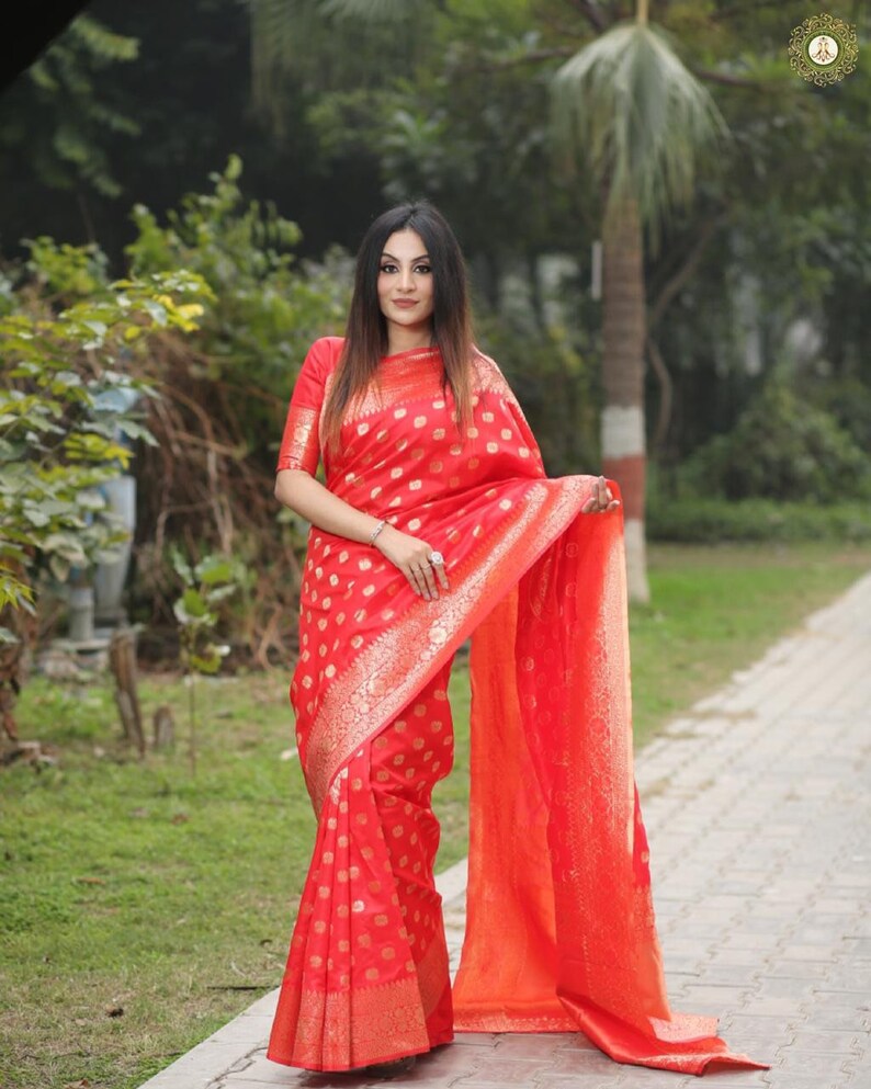 Hot Red Banarasi Soft Silk Saree