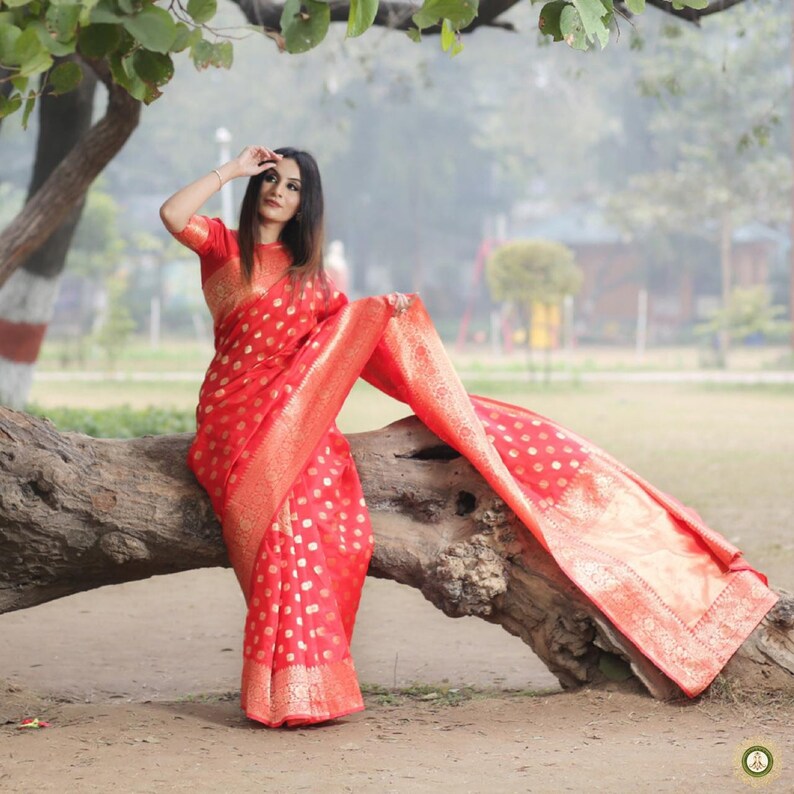 Hot Red Banarasi Soft Silk Saree