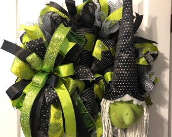 Green and Black sparkly witch wreath, green and black wreath, green faced wreath, sparkly witch