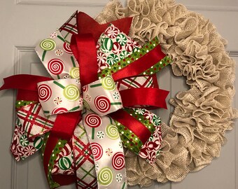 White burlap Christmas wreath, big Christmas bow, simple Christmas wreath, classic Christmas wreath, Christmas decor, traditional Christmas