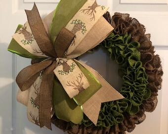 Rustic Christmas burlap wreath, brown and green Christmas burlap wreath, rustic Christmas decor, Rustic deer Christmas wreath