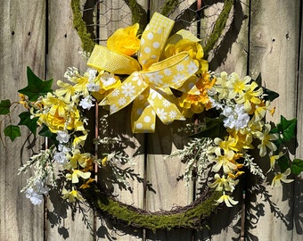 Bunny door hanger, moss bunny wreath, rustic bunny head, grapevine bunny wreath, yellow flower bunny head, Easter wreath, Easter bunny