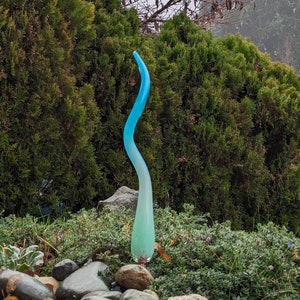 MALA #715 celadon/aqua 2 tone opaque fade to transparent Glass Garden Yard Art, hand blown, Spiral Outdoor Sculpture Decor