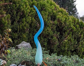 MALA #703 celadon/aqua 2 tone opaque fade to transparent Glass Garden Yard Art, hand blown, Spiral Outdoor Sculpture Decor
