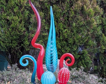 MALA #766 turquoise/red set of 6: 1 leaf, 1 spiral, 2 urchins, 2 fiddles Glass Garden Art Decor Glass Hand Made Outdoor Sculpture