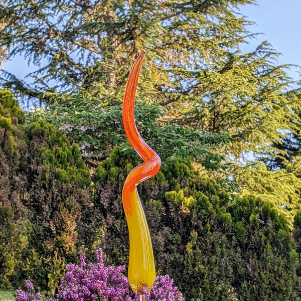 MALA #846 yellow/orange 2 tone opaque fade to transparent Glass Garden Yard Art, hand blown, Spiral Outdoor Sculpture Decor