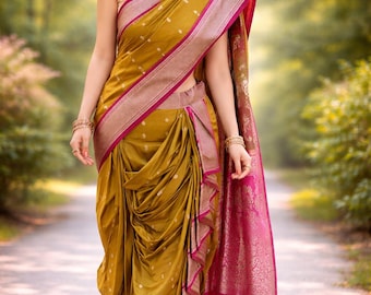 Ready to Wear Nauvari Saree | Maharashtrian Paithani Silk Saree, Pre-stitched 9 Yard