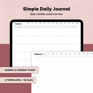 Diario digital simple, planificador diario, plantillas con columnas de cuadros punteados y líneas PDF