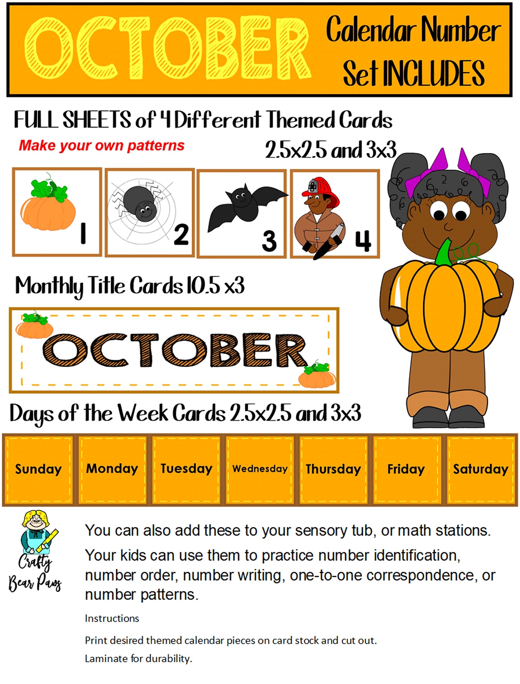October Themed Calendar Printable Calendar Cards for Pre-k | Etsy