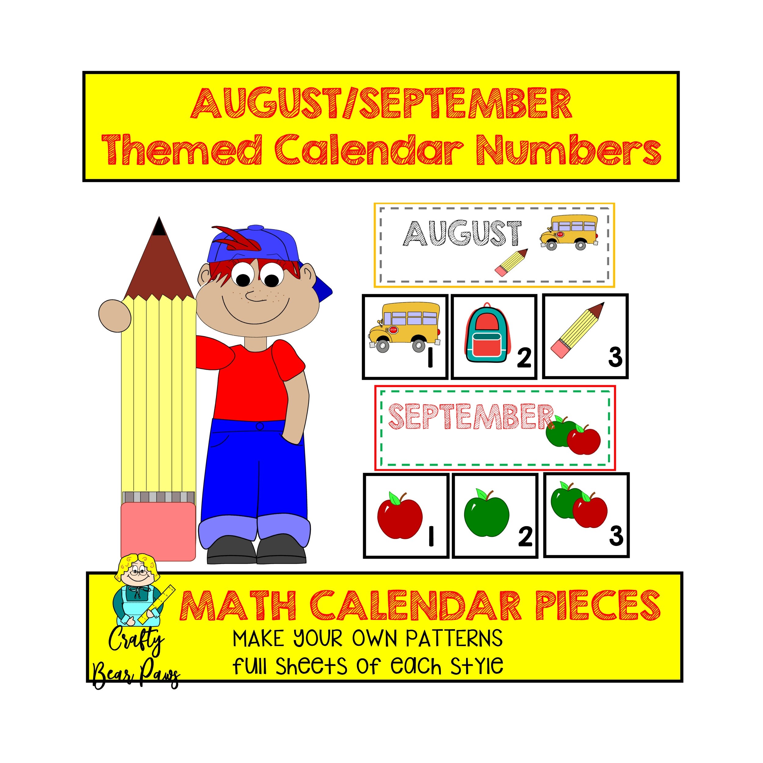 august september themed calendar printable calendar for pre k etsy