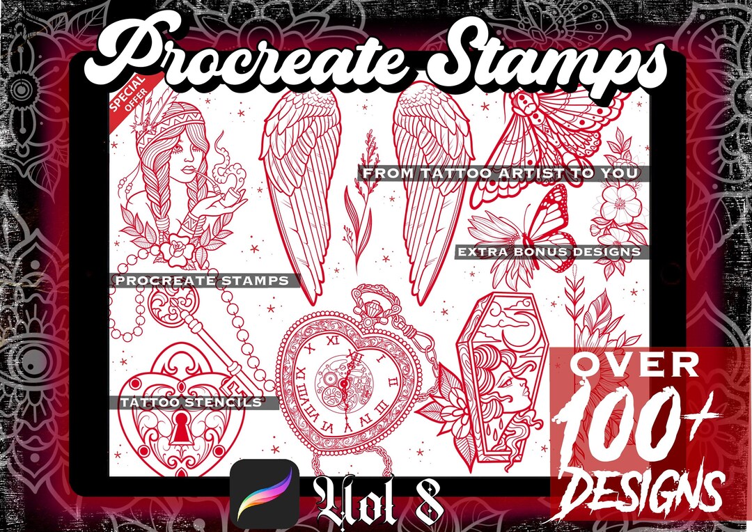 NUEVO Más de 100 Procreate STAMPS Digital Tattoo Designs/Flash Vol.8 ...