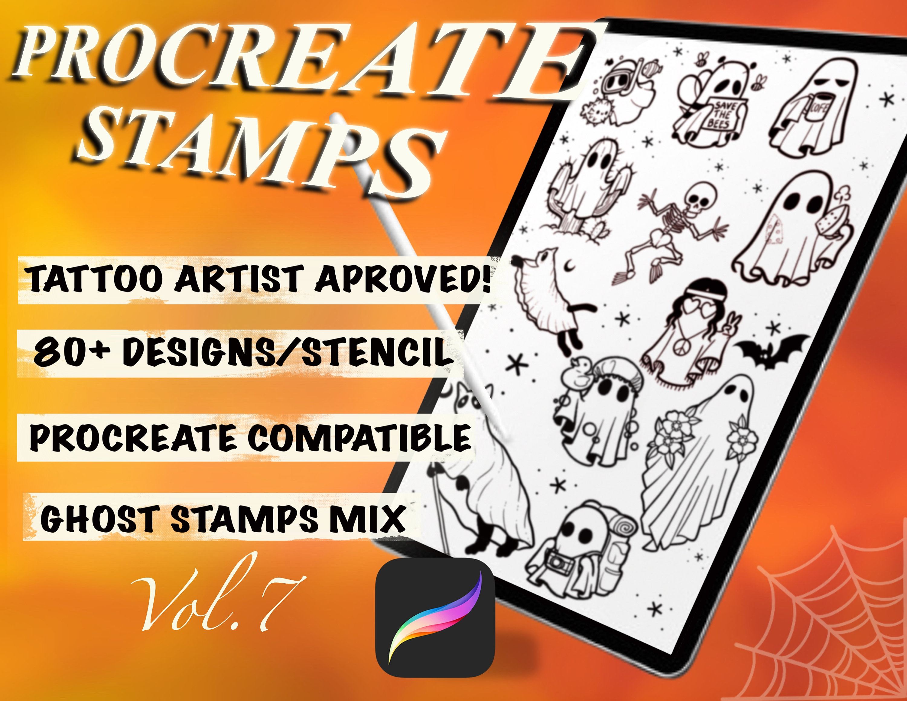 Procreate Ghost Stamp Set Vol. 7 – Más de 80 pinceles para tatuaje y diseño de camisetas
