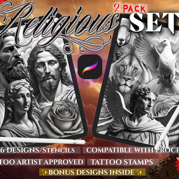 NEW!!! Religious Vol 11 Two~Set Digital Package! Tattoo Artist / Tattoo Digital Flash / PROCREATE Stamps Great Deal