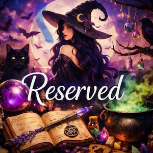 May include: A digital illustration featuring a witch in a wide-brimmed hat with a crescent moon, a black cat, a glowing purple crystal ball, an open spellbook with a pentacle wand, and a bubbling cauldron, with the word Reserved in white script.